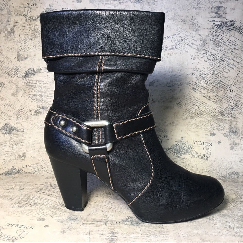 Fossil Black Leather Harness Ankle Boots Slouch Moto Buckle Hardware
